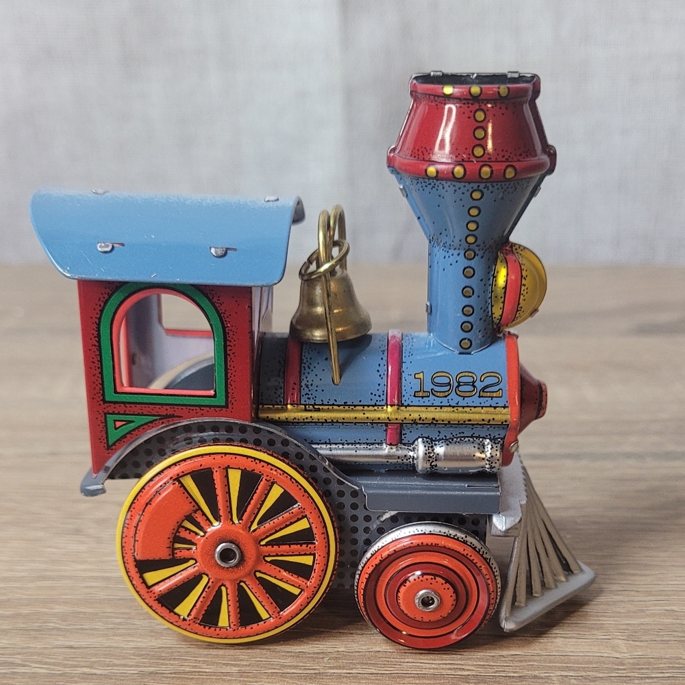 Hallmark 1982 Colorful Metal Train Keepsake Ornament Tin Locomotive Christmas
